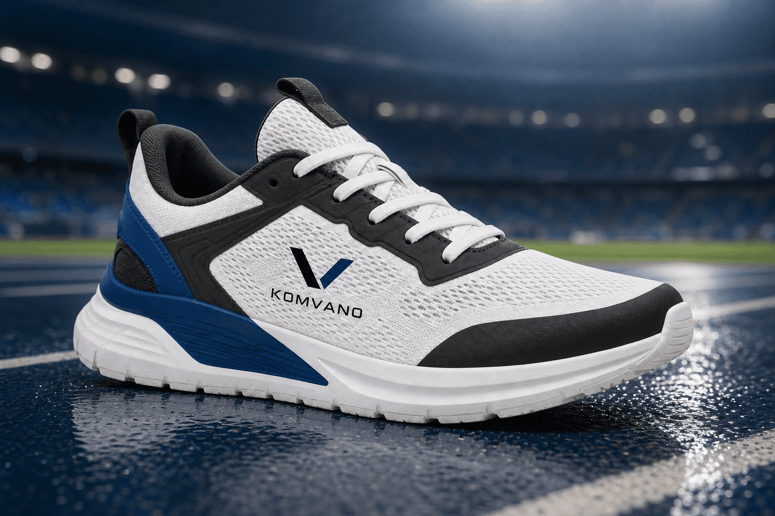 KOMVANO SPORT concept sneaker in white, black and blue, shown as a design preview.